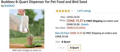 Amazon Canada Deals: Save 35% on Buddeez 8-Quart Dispenser for Pet Food and Bird Seed + 17% on FoodSaver 2 rolls