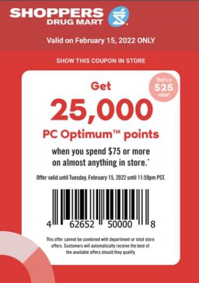 Shoppers Drug Mart Canada Tuesday Text Offers: 25,000 PC Optimum Points When You Spend $75