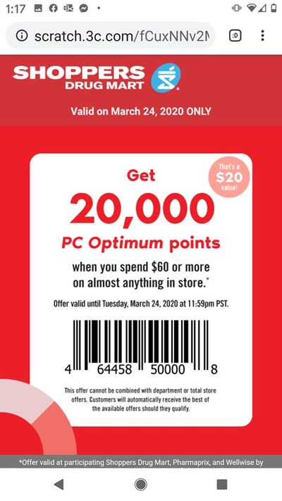 Shoppers Drug Mart Canada Tuesday Text Offer: Get 20,000 PC Optimum Points When You Spend $60 Today Only
