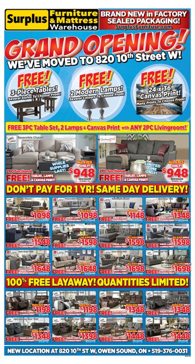 Surplus Furniture & Mattress Warehouse (Owen Sound) Grand Opening Flyer February 28 to March 20