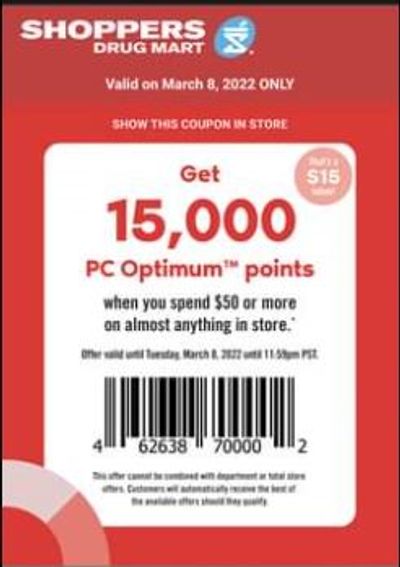 Shoppers Drug Mart Tuesday Text Offer: Get 15,000 PC Optimum Points When You Spend $50 Or More Today Only