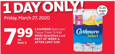 Rexall Pharma Plus Drugstore Canada Flyers Deals: 1 Day Only – Cashmere Bathroom Tissue Triple 15-Roll for $7.99 + Get 100 Bonus Air Miles + 3 Days Deals