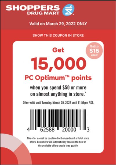Shoppers Drug Mart Canada Tuesday Text Offer: 15,000 PC Optimum Points When You Spend $50 or More