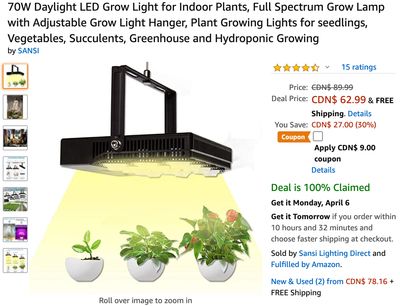 Amazon Canada Deals: Save 40% on 70W Daylight LED Grow Light  for Indoor Plants with Coupon + 23% on T-fal Performa Pro Stainless Steel Cookware Set