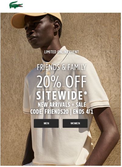 Lacoste Canada Online Friends & Family Sale: Save 20% OFF Sitewide with Coupon Code + FREE Shipping No Minimum