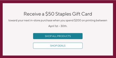 Staples SolutionShop Canada Offer: Receive a $50 Staples Gift Card When You Spend $200 on printing at Staples SolutionShop!
