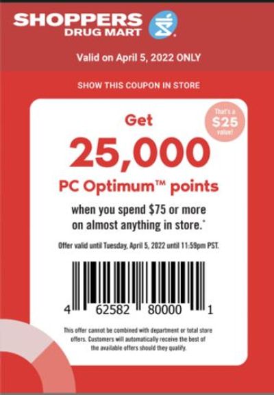 Shoppers Drug Mart Canada Tuesday Text Offer: Get 25,000 Optimum Points When You Spend $75