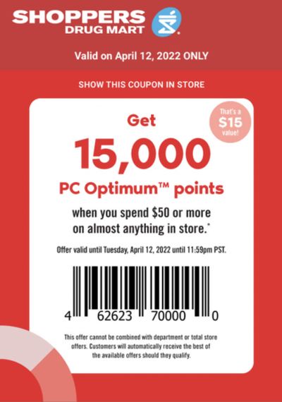 Shoppers Drug Mart Canada Tuesday Text Offer: 15,000 PC Optimum Points When You Spend $50