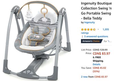 Amazon Canada Deals: Save 35% Ingenuity Boutique Collection Swing ‘n Go Portable Swing + More Deals
