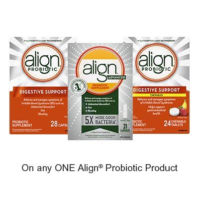 Save $3.00 when you buy any ONE Align Probiotic Product (excludes trial/travel size, value/gift/bonus packs) Save $3.00 when you buy any ONE Align Probiotic Product (excludes trial/travel size, value/gift/bonus packs)