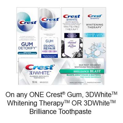 Save $2.00 when you buy any ONE CrestGum, 3DWhite™ Whitening Therapy™ OR 3DWhite™ Brilliance Toothpaste (excludes trial/travel size, value/gift/bonus packs)