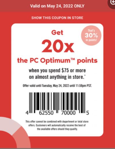 Shoppers Drug Mart Canada Tuesday Text Offer: 20x The PC Optimum Points When You Spend $75