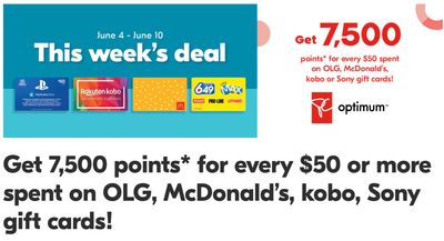 Shoppers Drug Mart Canada Offers: Get 7,500 points for Every $50 or More Spent on OLG, McDonald’s, Kobo, and Sony Gift Cards