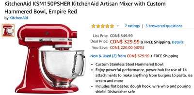 Amazon Canada Deals: Save 40% on KitchenAid Artisan Mixer +