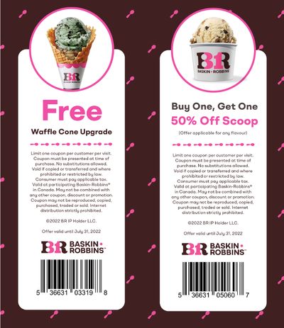 Baskin Robbins Canada New Coupons: BOGO 50% Off Scoops + FREE Waffle Cone Upgrade