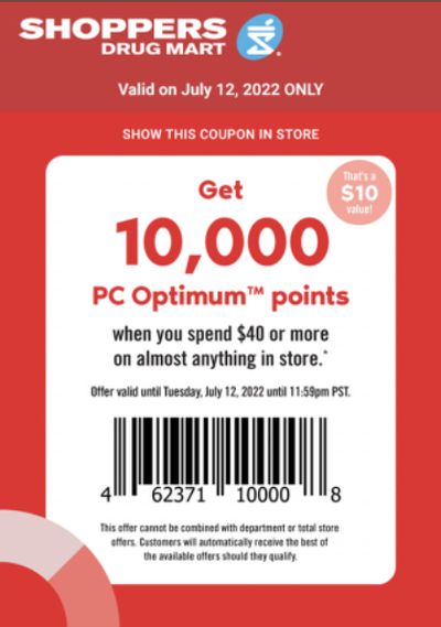 Shoppers Drug Mart Canada Tuesday Text Offer: Get 10,000 PC Optimum Points When You Spend $40