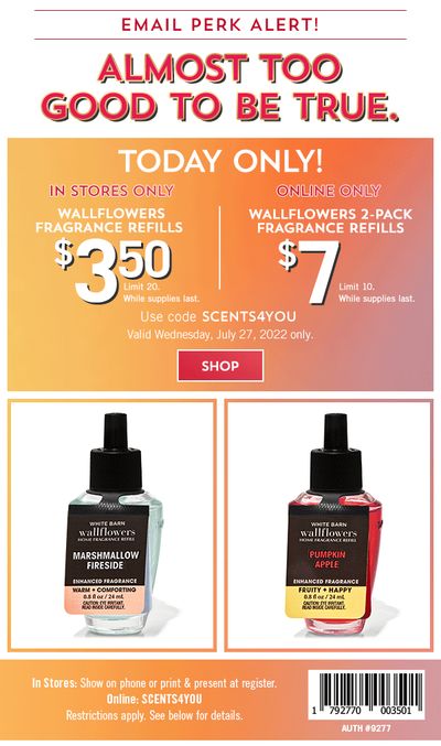Bath & Body Works Canada Sale: Wallflowers Fragrance Refills, for $3.50 + Body Care, Buy 3, Get 3 FREE, or Buy 2, Get 1 FREE