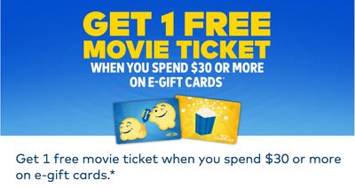 Cineplex Canada Promotions: Get 1 FREE Movie Ticket When You Spend $30 on e-Gift Cards