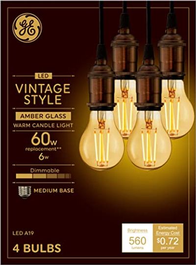 GE Vintage Style LED Light Bulbs, 6 Watts (60 Watt Equivalent) Warm Candle Light, Amber Glass, Medium Base, Dimmable (4 Pack) $43.64 (Reg $52.26)