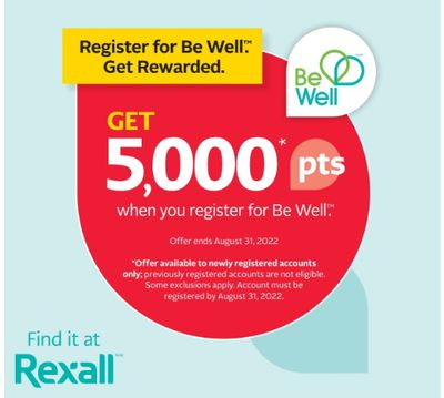 Rexall Canada Flyers Offers: Get 5,000 Be Well Points When You Register for Be Well + Hot Deals 