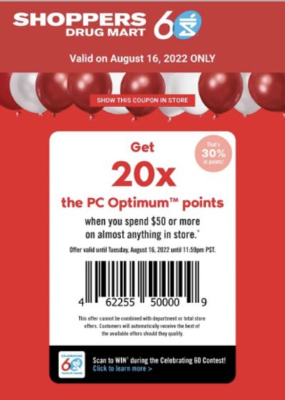 Shoppers Drug Mart Canada Tuesday Text Offer: Get 20x The PC Optimum Points When You Spend $50