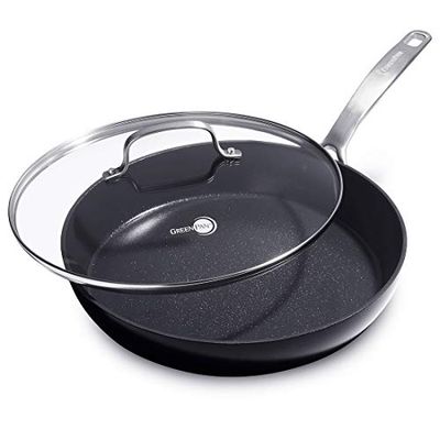 GreenPan SearSmart Hard Anodized Healthy Ceramic Nonstick, 12" Frying Pan Skillet with Lid, PFAS-Free, Textured Surface, Dishwasher Safe, Black $74.99 (Reg $136.42)
