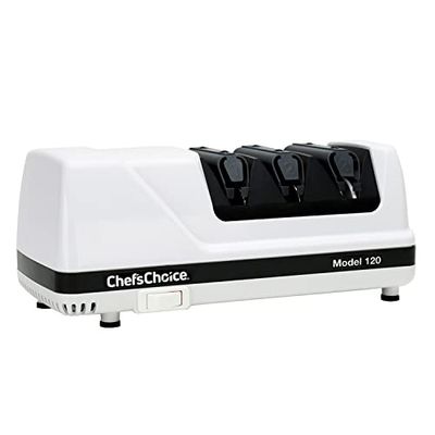 Chef’sChoice 120 Diamond Hone EdgeSelect Professional Electric Knife Sharpener for 20-Degree Edges Diamond Abrasives Precision Guides for Straight and Serrated Knives Made in USA, 3-Stage, White $122.4 (Reg $129.99)