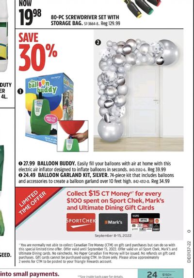 Canadian Tire: Get 15$ in CT Money For Every $100 Spent On Sport Check, Mark’s, and Ultimate Dining Gift Cards
