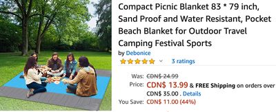 Amazon Canada Deals: Save 44% on Compact Picnic Blanket 83 * 79″ + 50% on Select B.Catcher offers with coupon + More Deals