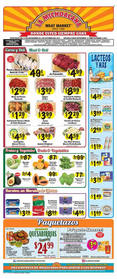 La Michoacana Meat Market (TX) Weekly Ad Flyer Specials September 21 to October 4, 2022