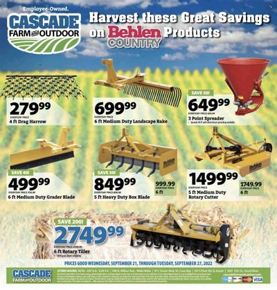 Cascade Farm And Outdoor (OR, WA) Weekly Ad Flyer Specials September 21 to September 27, 2022