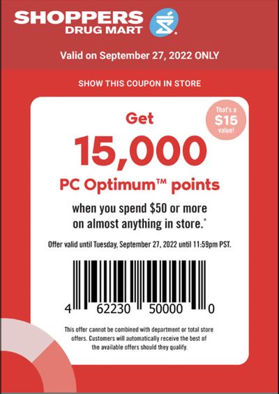 Shoppers Drug Mart Canada Tuesday Text Offer: Get 15,000 PC Optimum Points When You Spend $50 Today Only