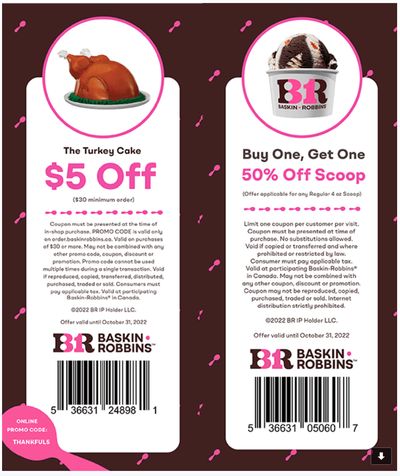 Baskin Robbins Canada New Coupons: BOGO 50% Off Scoops + $5 off The Turkey Cake