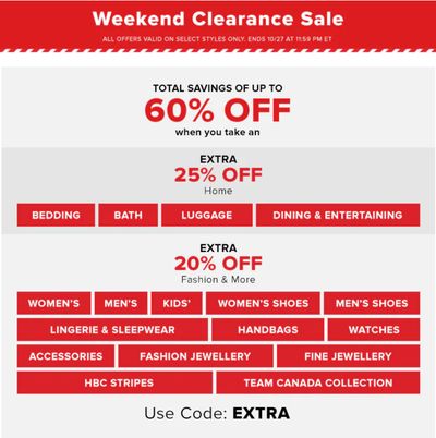 Hudson’s Bay Canada Bay Days Deals: Today, Save an EXTRA 25% off Weekend Clearance Sale with Coupon Code + up to 50% off Sitewide