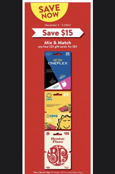 Walmart Canada: Get 4 Select $25 Gift Cards For $85 November 3rd – 5th