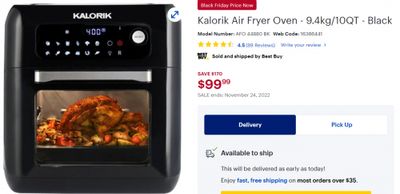 Best Buy Canada Pre-Black Friday Deals: Kalorik Air Fryer Oven – 9.4kg/10QT – Black $99.99 (Save $170)