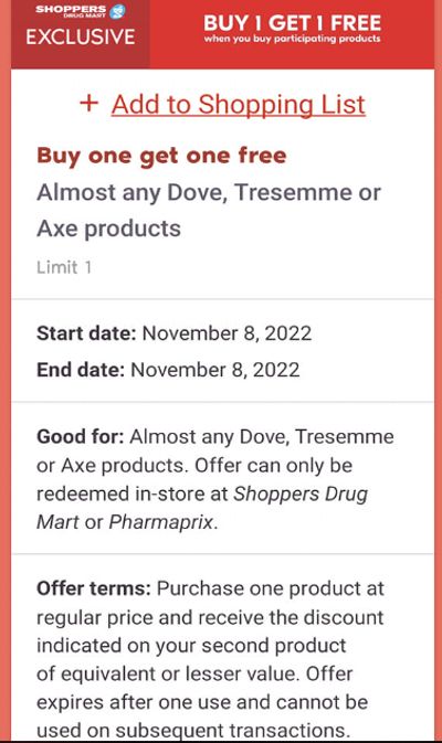 Shoppers Drug Mart Canada PC Optimum Offers: Buy One Get One Free Dove, Tresemme, or Axe Product Today Only