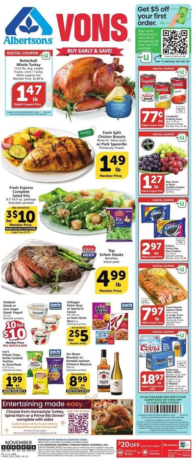 Vons (CA) Weekly Ad Flyer Specials November 2 to November 8, 2022