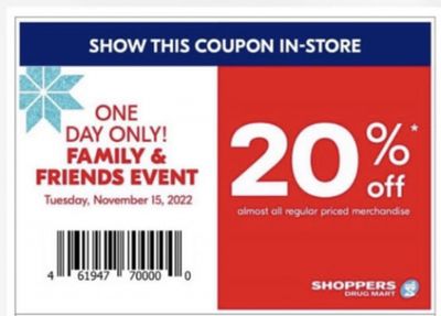 Shoppers Drug Mart Canada Family and Friends Event: Save 20% On Regular Priced Items November 15th