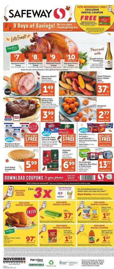 Safeway (CA, HI, OR, WA) Weekly Ad Flyer Specials November 16 to November 24, 2022