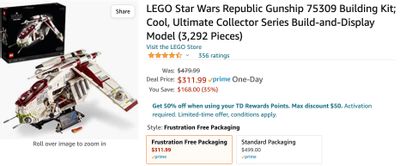 Amazon.ca LEGO Star Wars Republic Gunship $311.99  Reg. $479.99