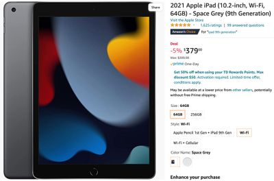 Amazon.ca: 2021 Apple iPad – 64GB: $379 Reg. $399.99 – 256GB: $554 Reg. $629.99