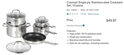 Costco.ca Canada: Cuisinart Single-ply Stainless-steel Cookware Set, 10-piece $49.97