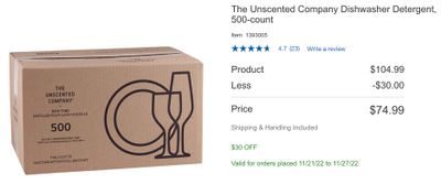 Costco.ca Canada: The Unscented Company Dishwasher Detergent, 500-count $74.99 Save $30