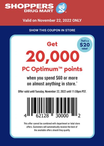 Shoppers Drug Mart Canada Tuesday Text Offer: Get 20,000 PC Optimum Points When You Spend $60