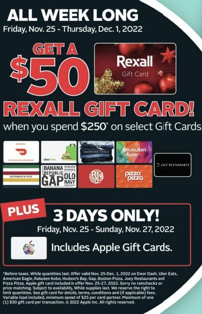 Rexall Black Friday Promotion Deal: Get a FREE $50 Rexall Gift Card With $250 Gift Card Purchase of Apple, The Bay, DoorDash, Uber Eats, Gap, etc. *HOT*