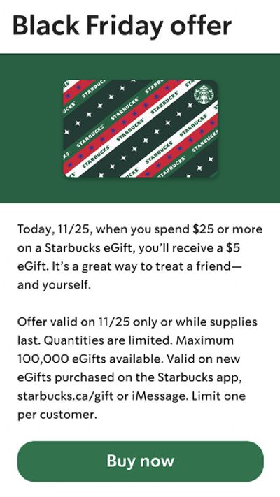 Starbucks Canada Black Friday Offer: Spend $25 On an eGift and Get a $5 eGift