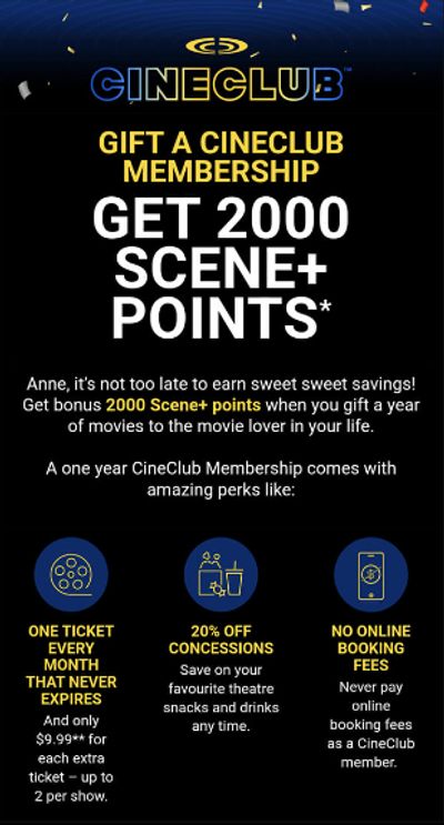 Cineplex Canada Black Friday Deal: Purchase A One Year CineClub Membership And Get 2,000 Scene+ Points