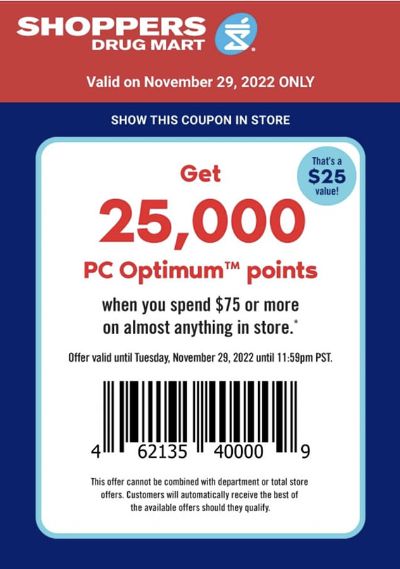 Shoppers Drug Mart Canada Tuesday Text Offer: Get 25,000 PC Optimum Points When You Spend $75 Or More Today Only