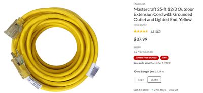 Canadian Tire Cyber Week: Mastercraft 25-ft 12/3 Outdoor Extension Cord with Grounded Outlet and Lighted End $37.99 Reg. $82.99